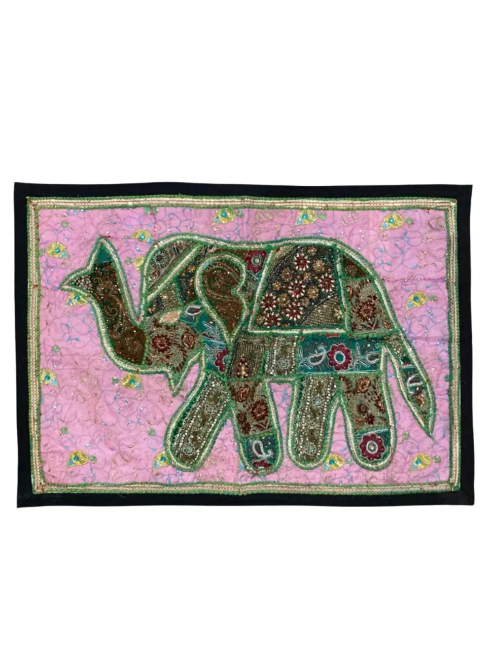 Handmade Vintage Patchwork Sari Elephant Embroidered Beaded Tapestry Pink & Blue